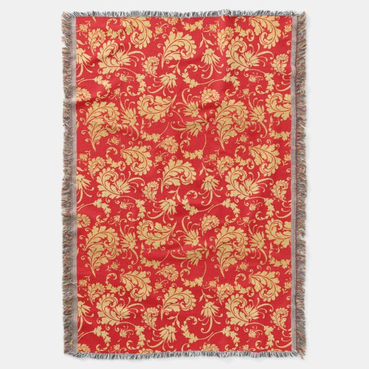 赤と金ゴールドのヴィンテージリーフダマスクパターン スローブランケット (正面縦)
