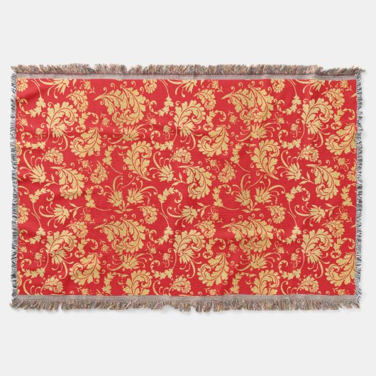 赤と金ゴールドのヴィンテージリーフダマスクパターン スローブランケット (正面)