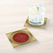 赤と金ゴールドの円の枠50番目の結婚デザイン ガラスコースター (アングル)