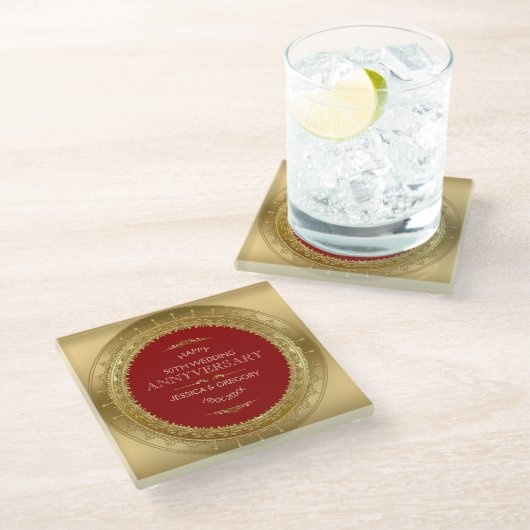 赤と金ゴールドの円の枠50番目の結婚デザイン ガラスコースター (アングル)