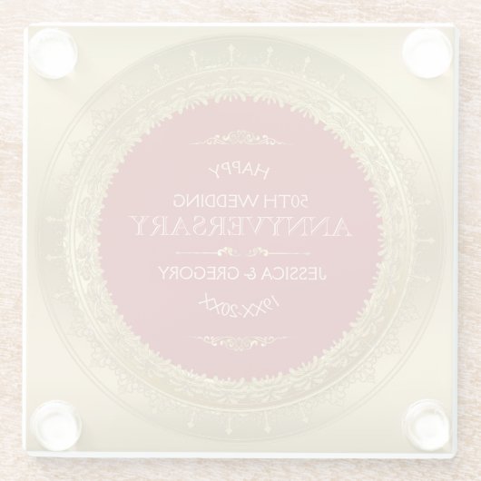 赤と金ゴールドの円の枠50番目の結婚デザイン ガラスコースター (裏面)