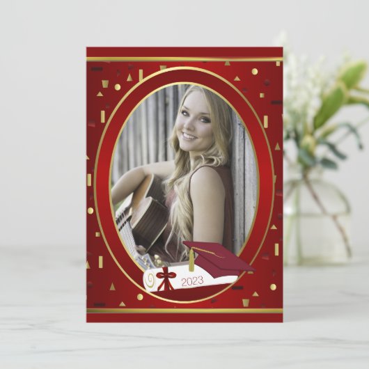 赤と金ゴールドの写真の卒業発表 案内状 (スタンド正面)