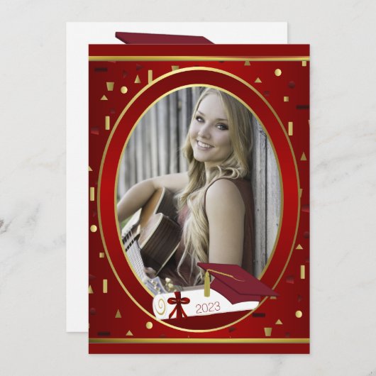 赤と金ゴールドの写真の卒業発表 案内状 (正面/裏面)