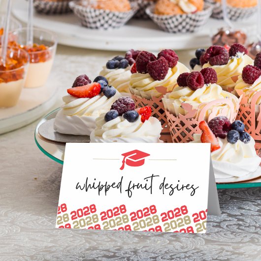 赤と金ゴールドの卒業キャップ折り畳みラベル、食品または プレイスカード