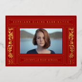 赤と金ゴールドの卒業写真 箔招待状 (正面)