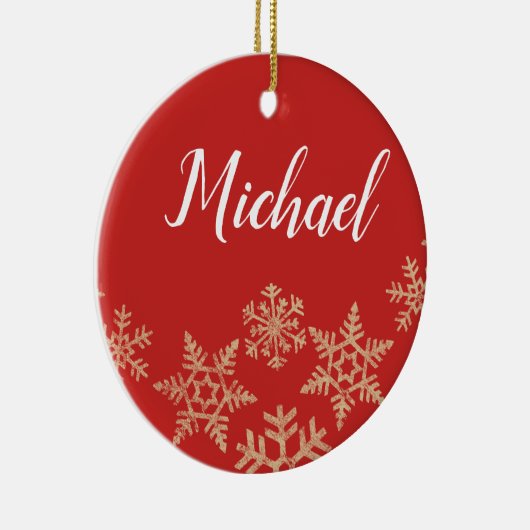 赤と金ゴールドの名前をカスタムすると雪片のある日付 セラミックオーナメント (右)