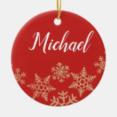赤と金ゴールドの名前をカスタムすると雪片のある日付 セラミックオーナメント (正面)
