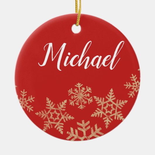 赤と金ゴールドの名前をカスタムすると雪片のある日付 セラミックオーナメント (正面)