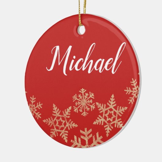 赤と金ゴールドの名前をカスタムすると雪片のある日付 セラミックオーナメント (左)