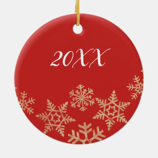 赤と金ゴールドの名前をカスタムすると雪片のある日付 セラミックオーナメント (裏面)