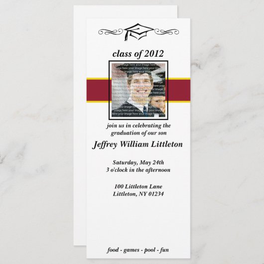 赤と金ゴールドの学校の卒業式への招待 招待状 (正面/裏面)