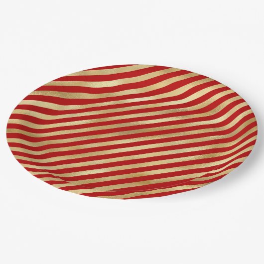 赤と金ゴールドの対角ストライプフェスティバル ペーパープレート (アングル)