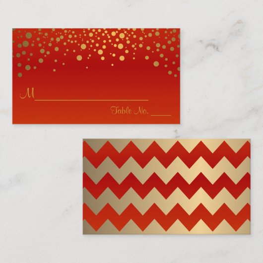 赤と金ゴールドの山形と紙吹雪のドット2 プレイスカード (正面/裏面)