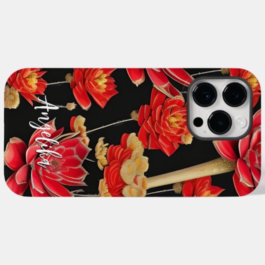 赤と金ゴールドの抽象デザインと名前をカスタムする Case-Mate iPhoneケース (裏面 (横))