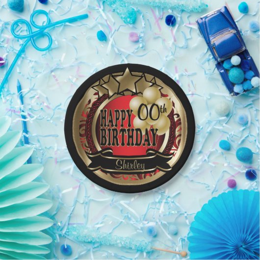 赤と金ゴールドの抽象芸術00番目の誕生日星 ペーパープレート (パーティー)