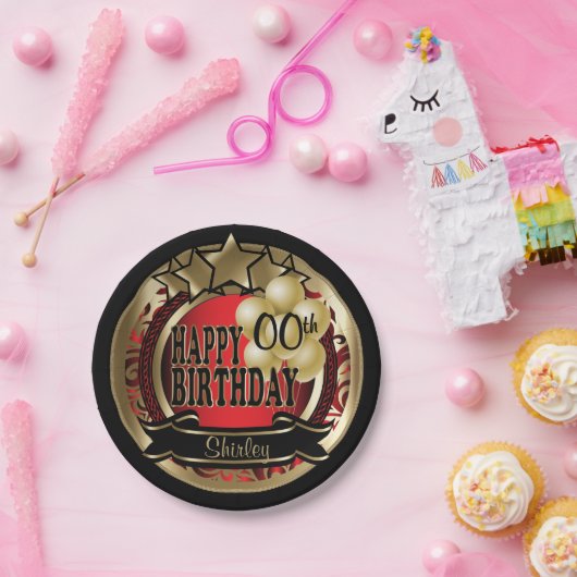 赤と金ゴールドの抽象芸術00番目の誕生日星 ペーパープレート (パーティー)
