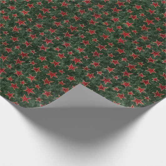 赤と金ゴールドの星が緑のベルベットフェイクに ラッピングペーパー (角)