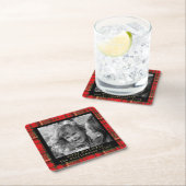 赤と金ゴールドの格子模様の家族写真クリスマス スクエアペーパーコースター (インサイチュ)