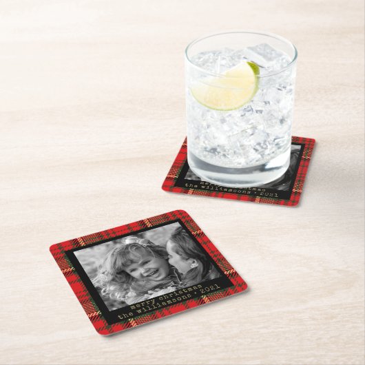 赤と金ゴールドの格子模様の家族写真クリスマス スクエアペーパーコースター (インサイチュ)