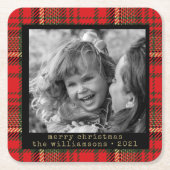 赤と金ゴールドの格子模様の家族写真クリスマス スクエアペーパーコースター (正面)