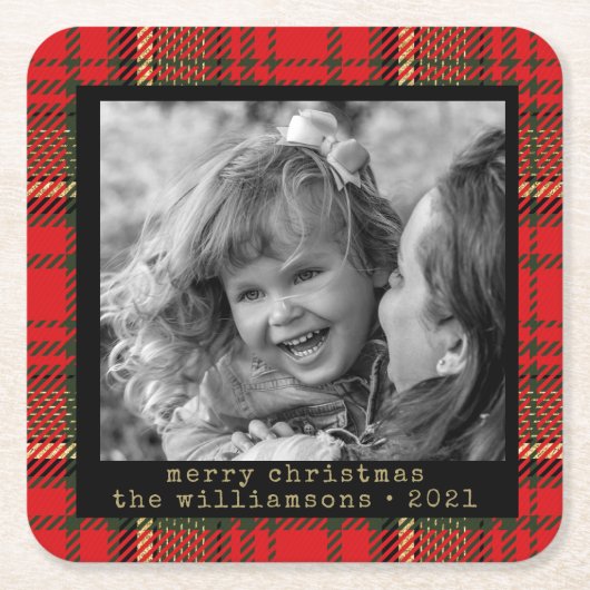 赤と金ゴールドの格子模様の家族写真クリスマス スクエアペーパーコースター (正面)