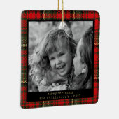 赤と金ゴールドの格子模様の家族写真クリスマス セラミックオーナメント (右)