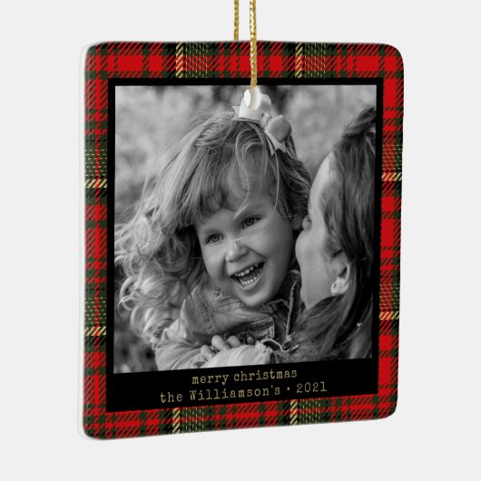 赤と金ゴールドの格子模様の家族写真クリスマス セラミックオーナメント (右)