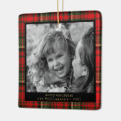 赤と金ゴールドの格子模様の家族写真クリスマス セラミックオーナメント (左)