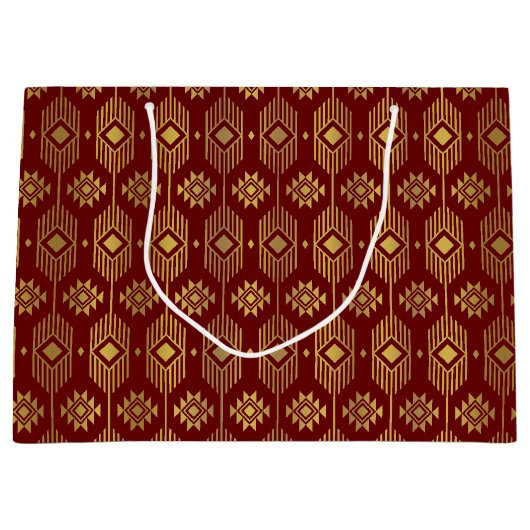 赤と金ゴールドの民族イカットの幾何学的パターン ラージペーパーバッグ (正面)