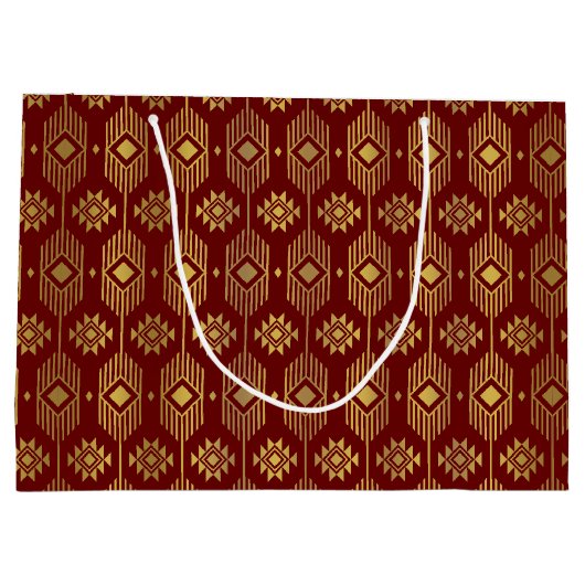 赤と金ゴールドの民族イカットの幾何学的パターン ラージペーパーバッグ (裏面)