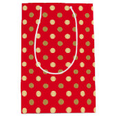 赤と金ゴールドの水玉模様のシームレスなパターン ミディアムペーパーバッグ (正面)