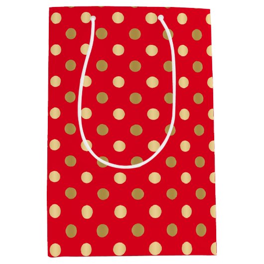 赤と金ゴールドの水玉模様のシームレスなパターン ミディアムペーパーバッグ (正面)