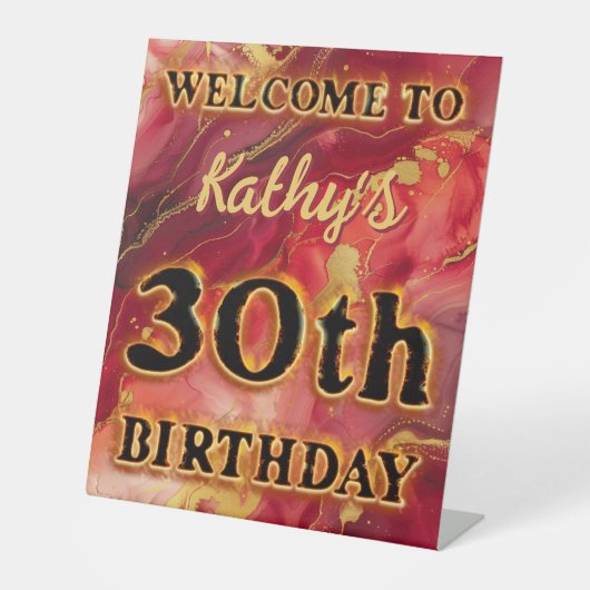 赤と金ゴールドの熱い30歳の誕生日 台座サイン (正面)
