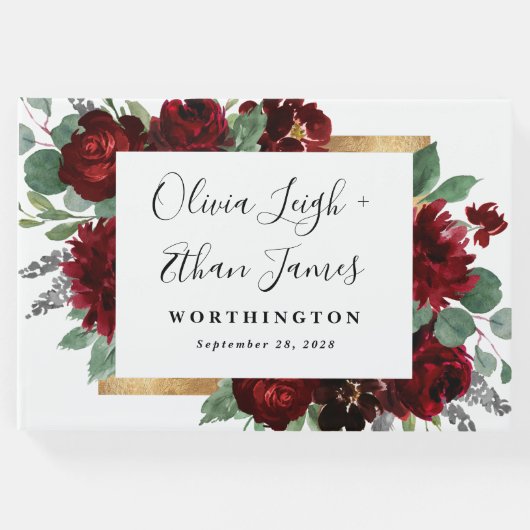 赤と金ゴールドの素朴フローラエレガントホワイト結婚ズ ゲストブック (正面)