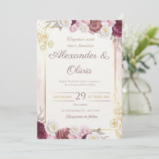 赤と金ゴールドの素朴フローラエレガントホワイト結婚ズ 招待状 (スタンド正面)