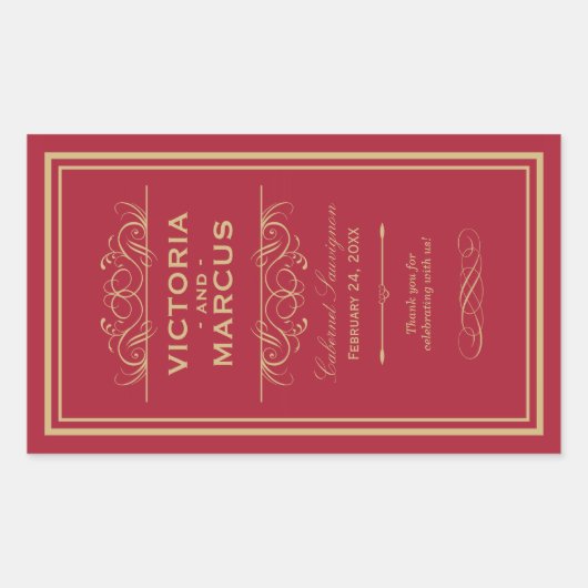 赤と金ゴールドの結婚ワインボトルモノグラムの好意 長方形シール (正面)