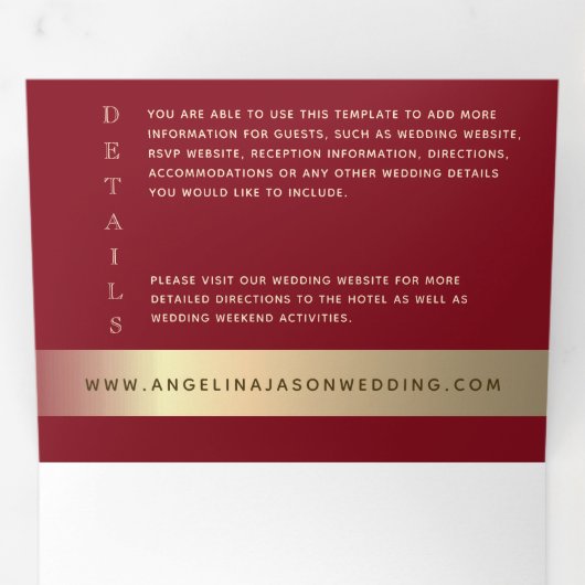 赤と金ゴールドの結婚写真の3倍招待状 三つ折り招待状 (内部最初)