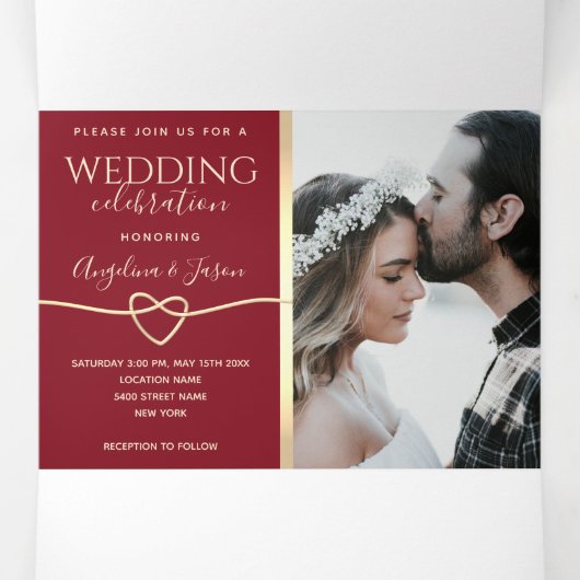 赤と金ゴールドの結婚写真の3倍招待状 三つ折り招待状 (内部中)