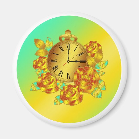 赤と金ゴールドの花とアンティーク時計 マグネット (正面)