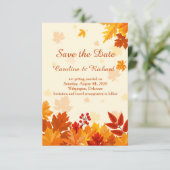 赤と金ゴールドの葉秋の日付の保存 招待状 (スタンド正面)