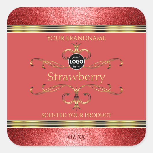 赤と金ゴールドの製品ラベルのグリッター縁どロゴ スクエアシール (正面)