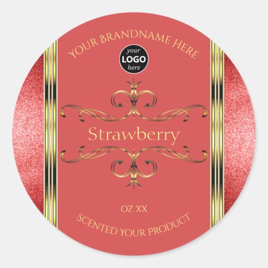 赤と金ゴールドの製品ラベルのグリッター縁どロゴ ラウンドシール (正面)