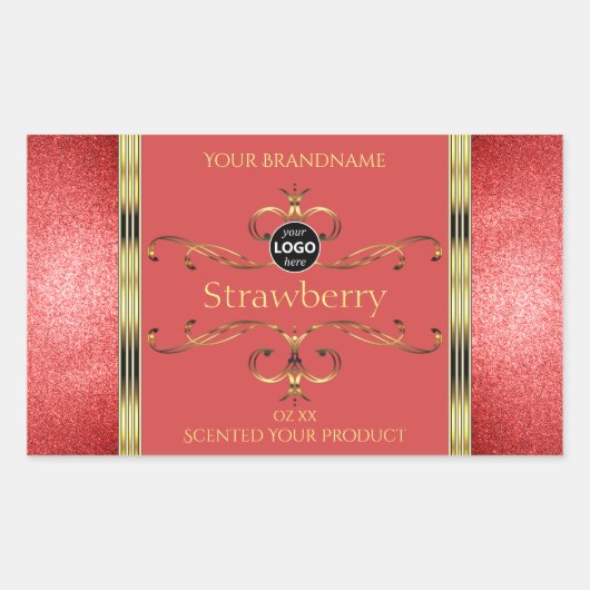 赤と金ゴールドの製品ラベルのグリッター縁どロゴ 長方形シール (正面)