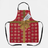 赤と金ゴールドの雪フェイク片の弓クリスマスエプロン エプロン (正面)