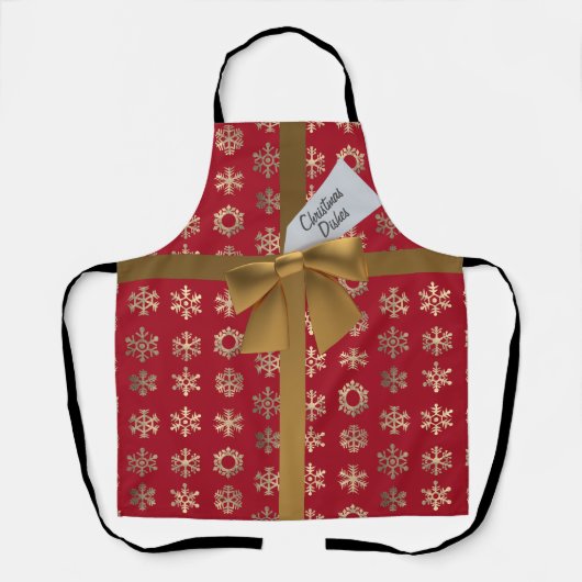 赤と金ゴールドの雪フェイク片の弓クリスマスエプロン エプロン (正面)