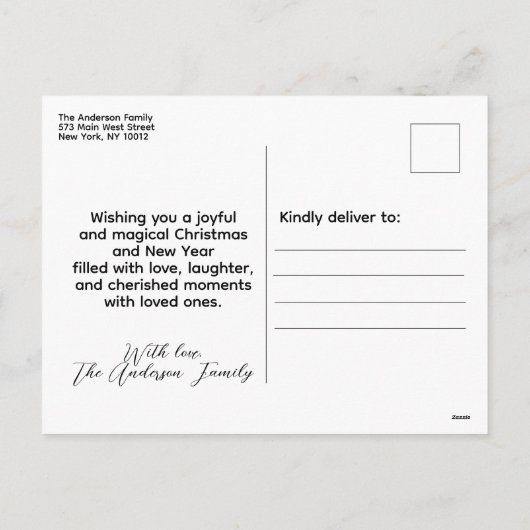 赤と金ゴールドの雪片ファミリーフォトクリスマス シーズンポストカード (裏面)