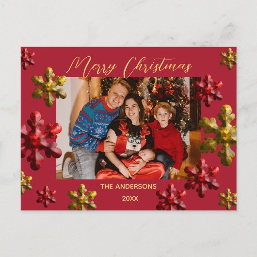 赤と金ゴールドの雪片ファミリーフォトクリスマス シーズンポストカード (正面)