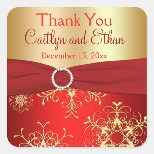 赤と金ゴールドの雪片結婚式の引き出物シール スクエアシール (正面)