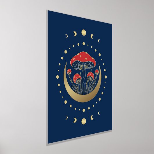 赤と金ゴールドの魔法キノコ、三日月の青 箔ポスター (レイダウン)