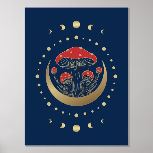 赤と金ゴールドの魔法キノコ、三日月の青 箔ポスター (正面)
